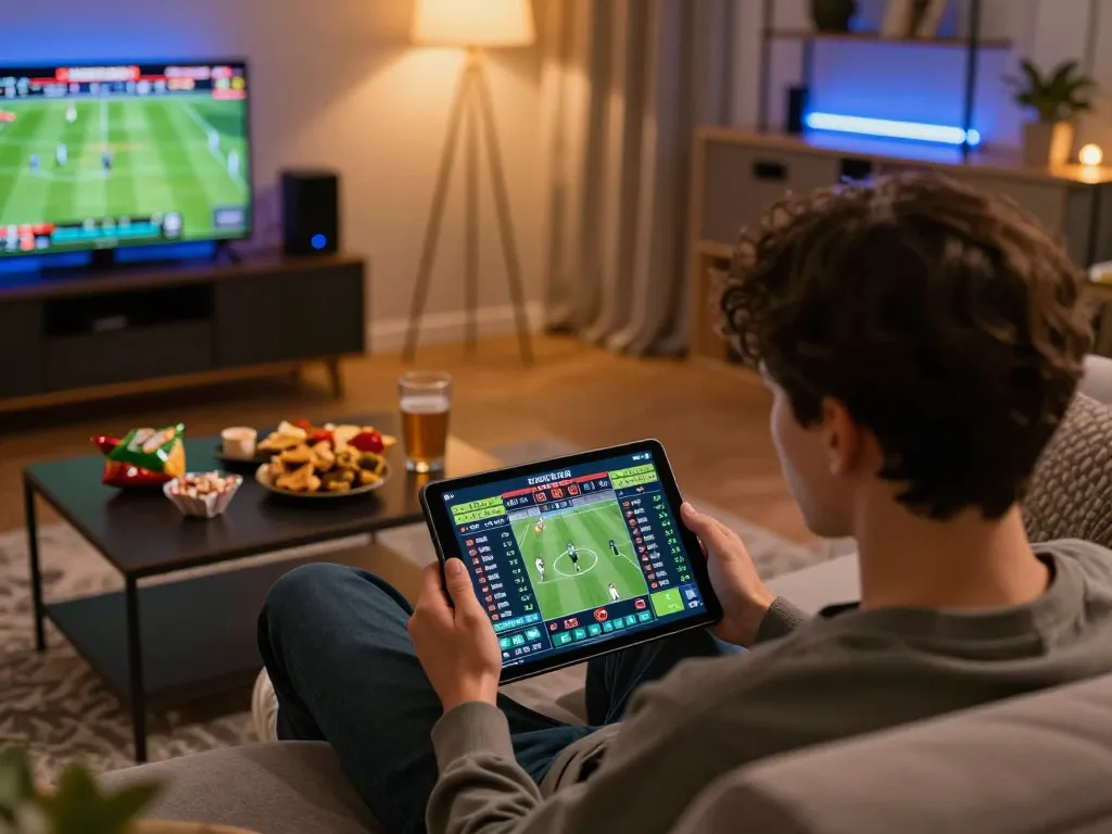 Engaging in keonhacai sports betting with live odds displayed on tablet, cozy home setup enhancing entertainment
