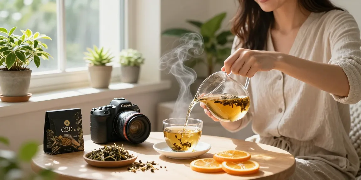 CBD Tee kaufen in einem entspannten Raum mit frischen Kräutern und warmem Licht.
