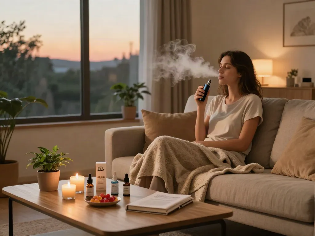 Dispensary that ships organic CBD products, showcasing a peaceful evening with a woman vaping in a cozy living room.