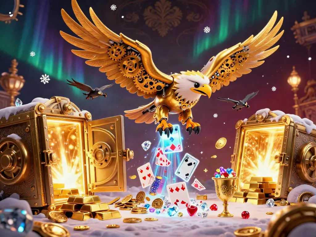 Dive into an energetic casino adventure with a cybernetic eagle amid golden treasures and holographic cards.