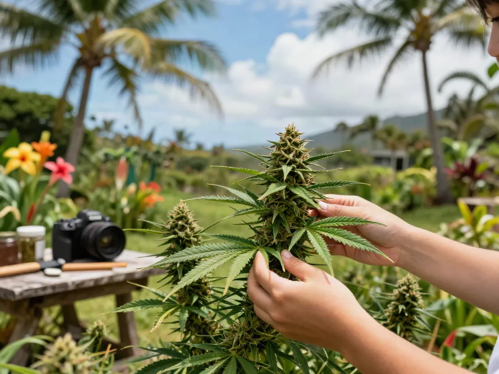Maui Wowie strain buds in a tropical garden with lush cannabis plants.