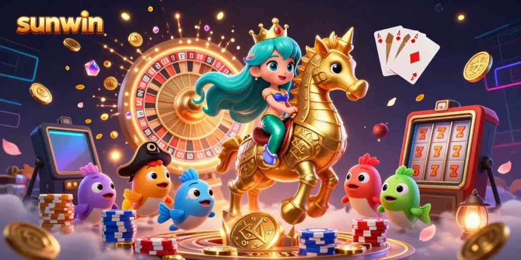 Experience the excitement of sunwin with a vibrant 3D underwater casino scene featuring a mermaid princess and gold coins.