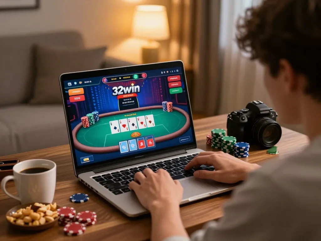 Player utilizing 32win online casino platform during a focused poker game at home.