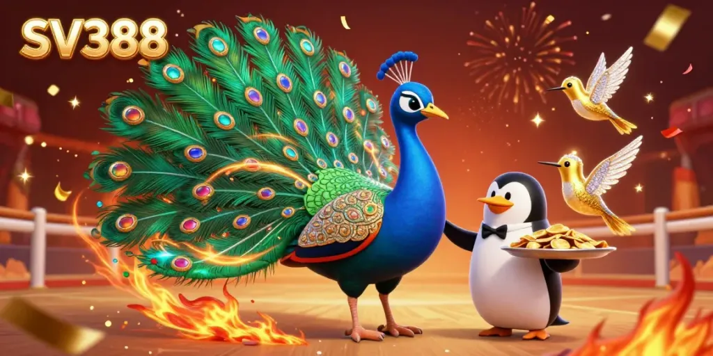 Experience SV388's thrilling cockfighting scene with vibrant energy and majestic characters.