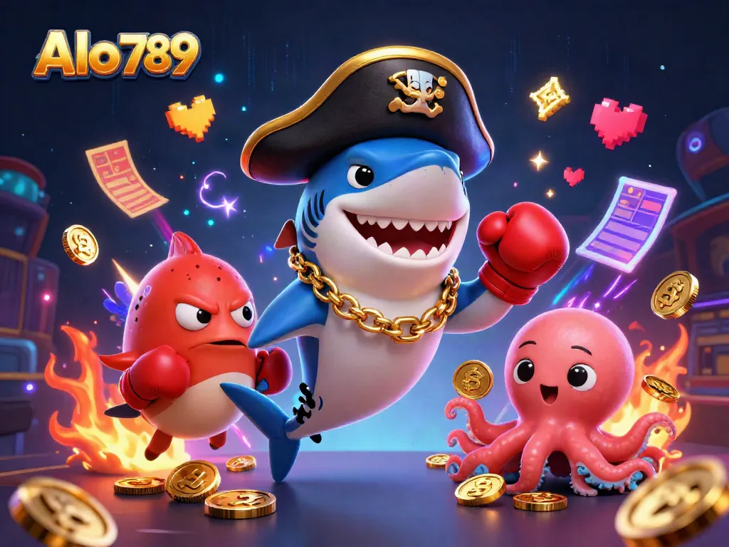 Alo 789 pirate shark and sidekick in a lively cockfighting scene packed with gold coins and dynamic elements.