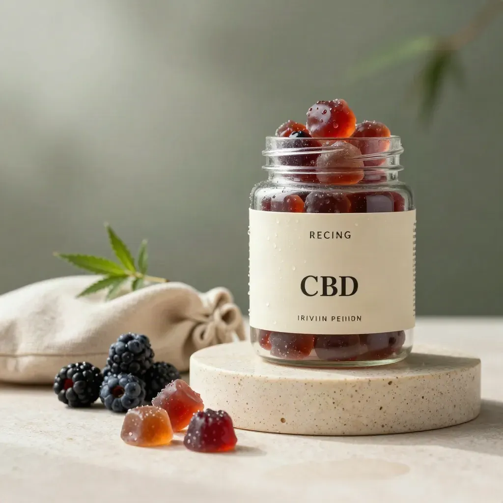 Hero jar of CBD gummies on stone pedestal with berries, mist, and soft morning light.