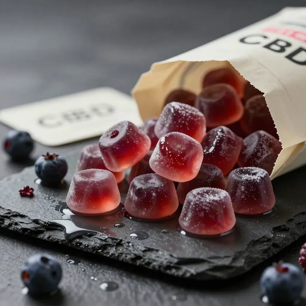 Berry CBD gummies on wet slate with berries, cream parchment, mist, and glossy reflections.
