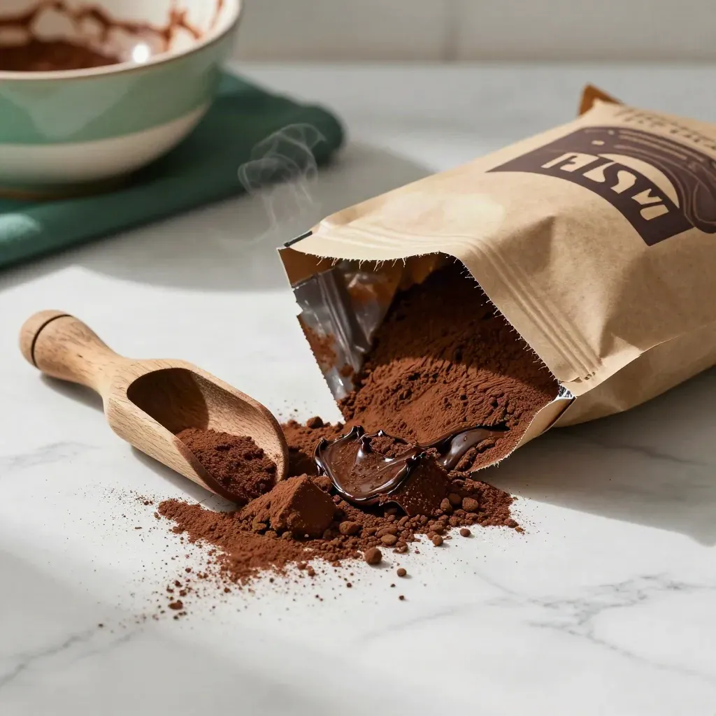 Torn brownie mix pouch spilling cocoa on marble beside a scoop and chipped bowl