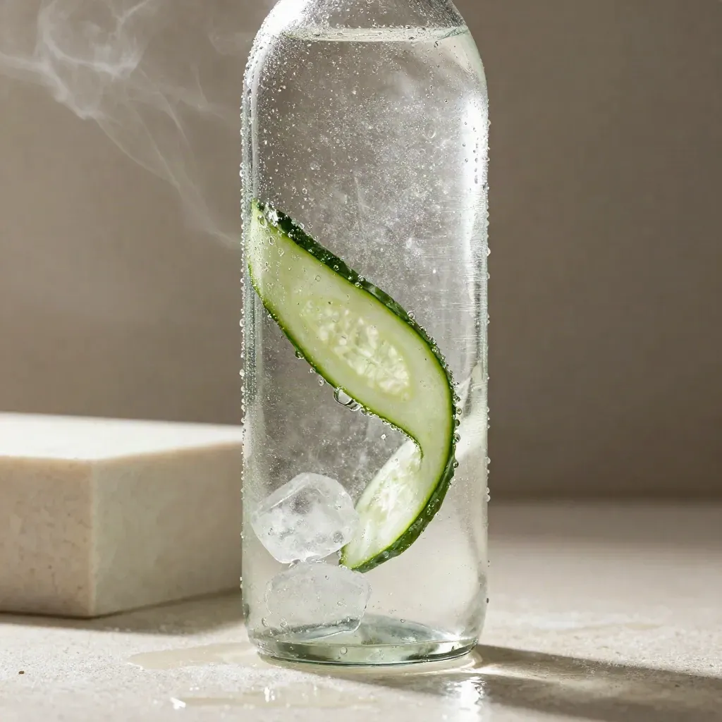 Condensation-covered sparkling CBD water bottle with ice and cucumber on cream stone.