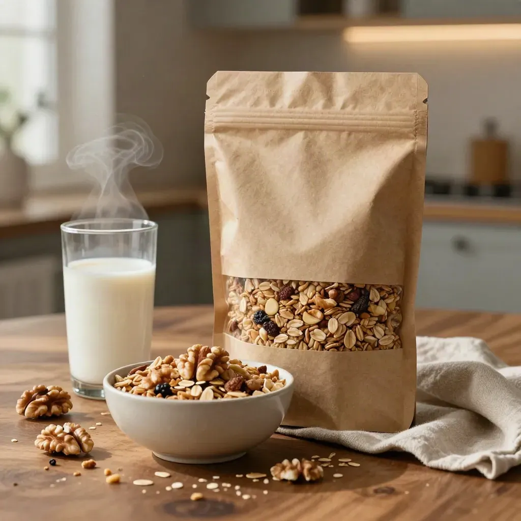 Hemp granola clusters pouch tipping into a bowl with oat milk and walnuts on a warm table.