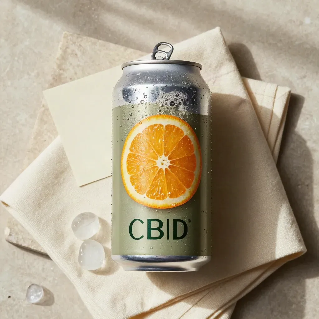 Overhead flatlay of a sparkling CBD can with citrus wheels, ice chips, and a linen napkin on stone.