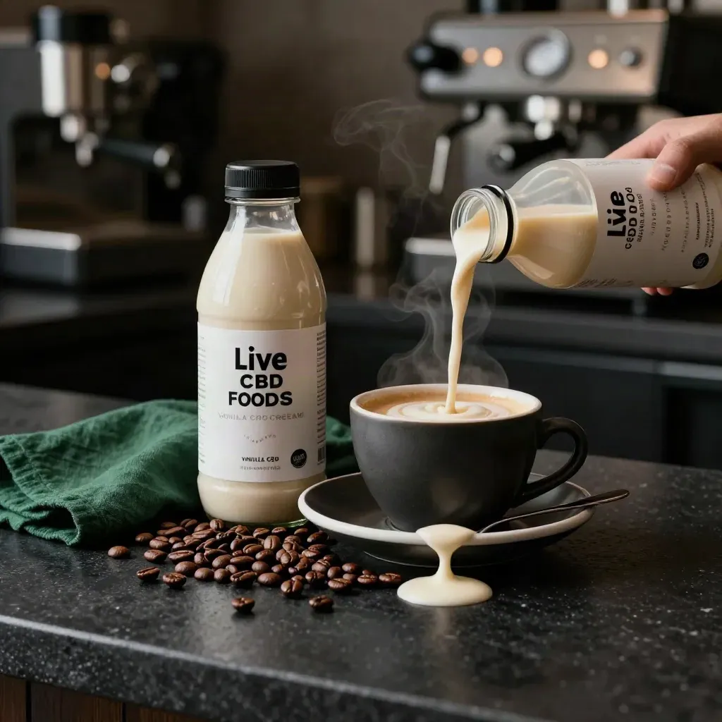 Vanilla CBD creamer pouring into a dark cup with beans, cream swirl, and steam in a dim studio