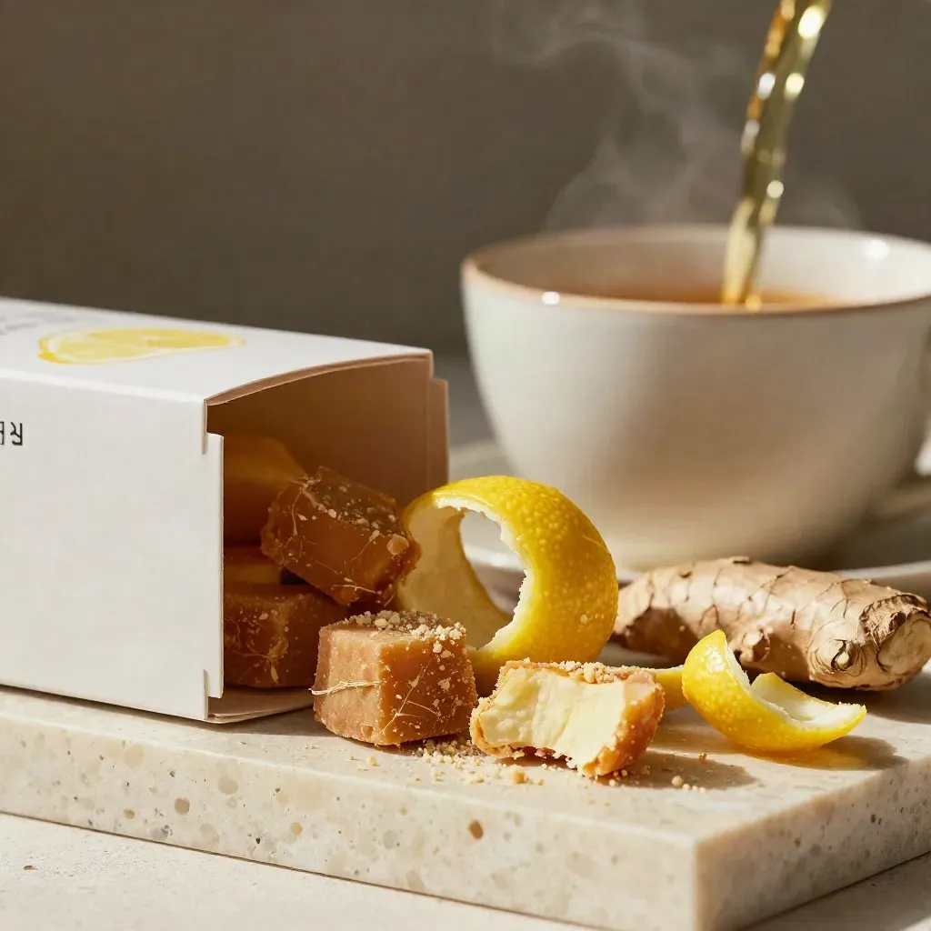 Cream box of lemon ginger tea bites beside a steaming cup, lemon peel and ginger on travertine.