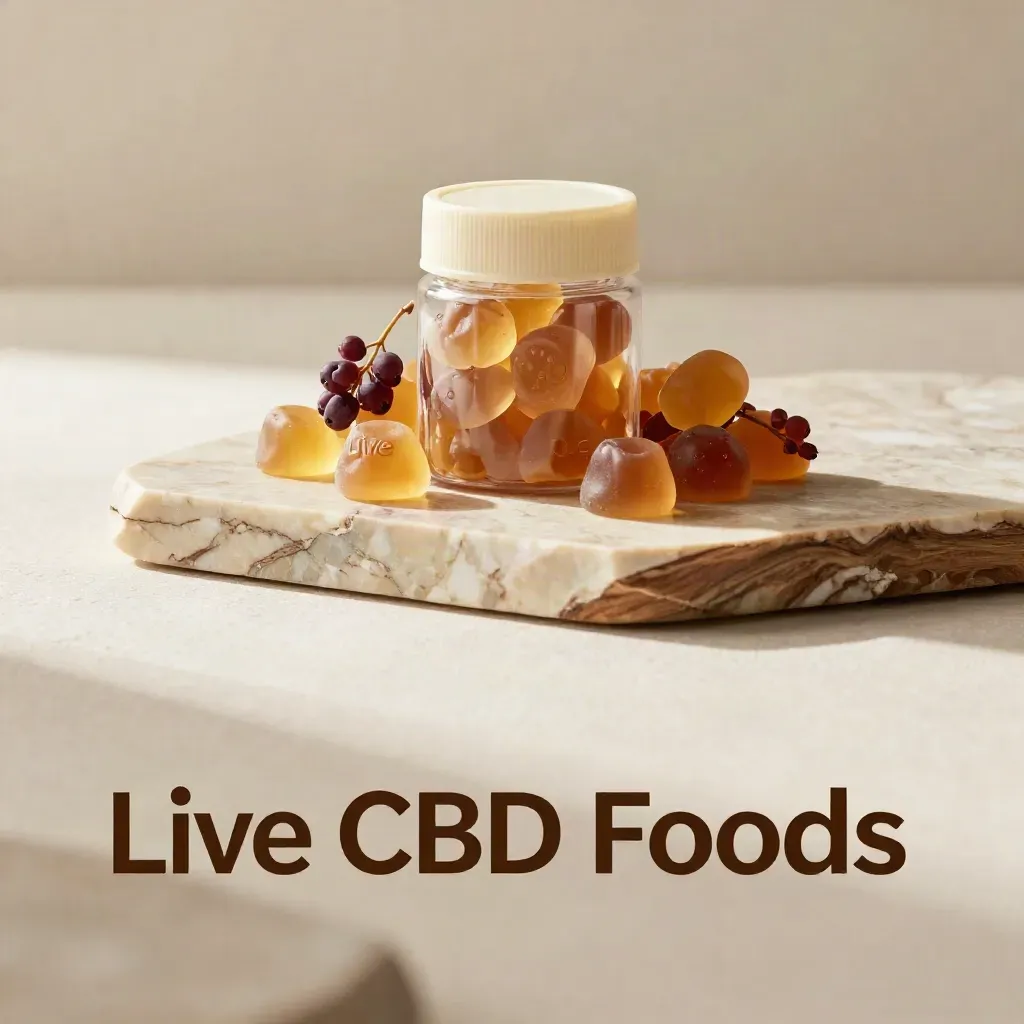 Sunlit marble slab with gummy jars and berry stems in a calm wellness product backdrop.