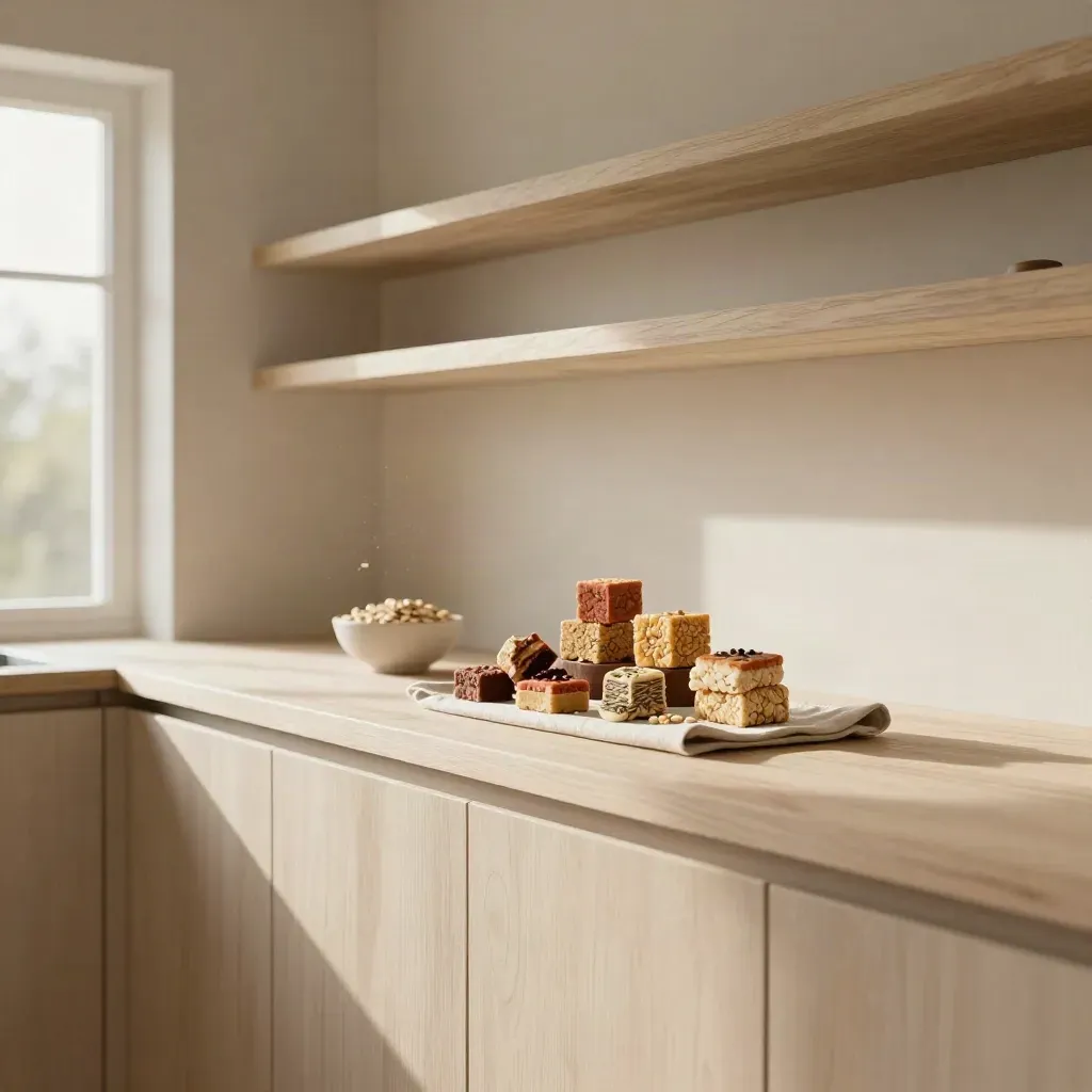 Sunlit pale wood ledge with snack bars and bowls under exposed beams, calm empty foreground.