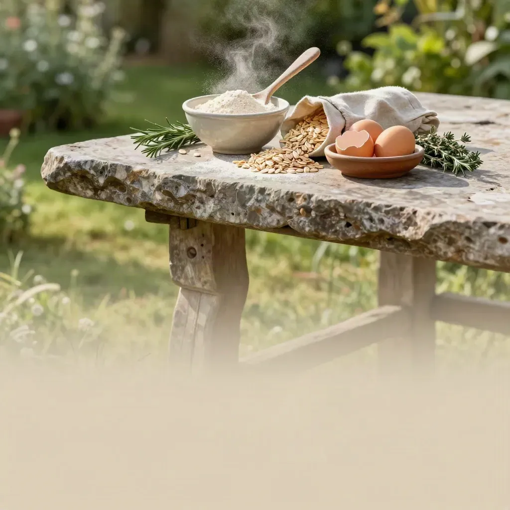 Stone table with baking ingredients beside a green herb garden under soft sunlight.