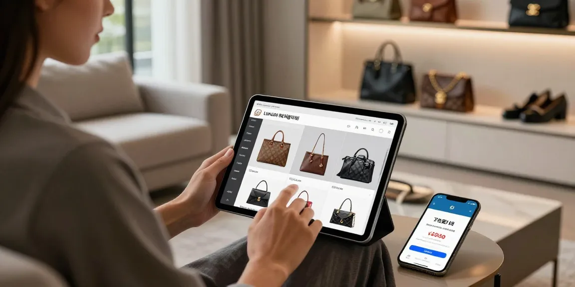 Browsing luxury 레플리카 products on a stylish tablet in a chic living room.