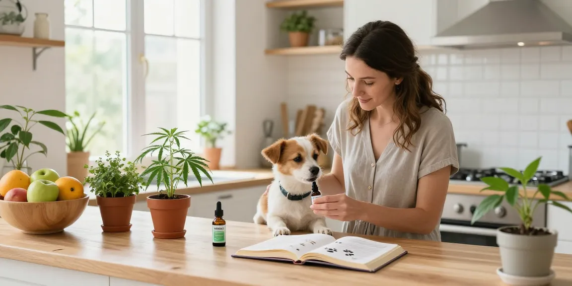 Hempworx pet CBD oil administration for pet wellness in a bright kitchen with fresh herbs.