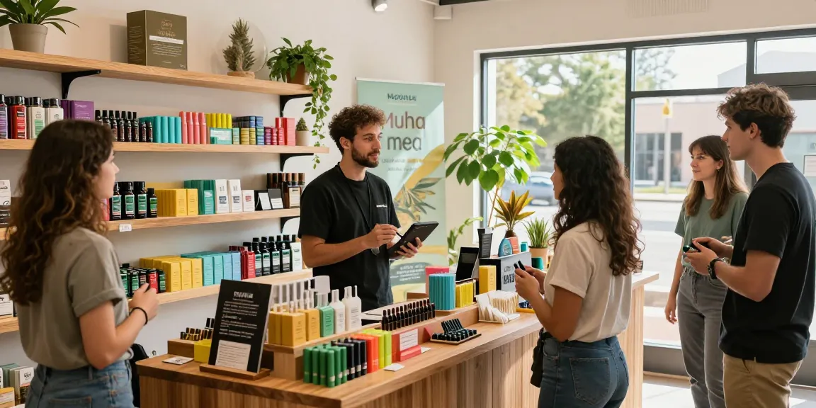 Customers exploring muha med cannabis products in a vibrant retail shop.