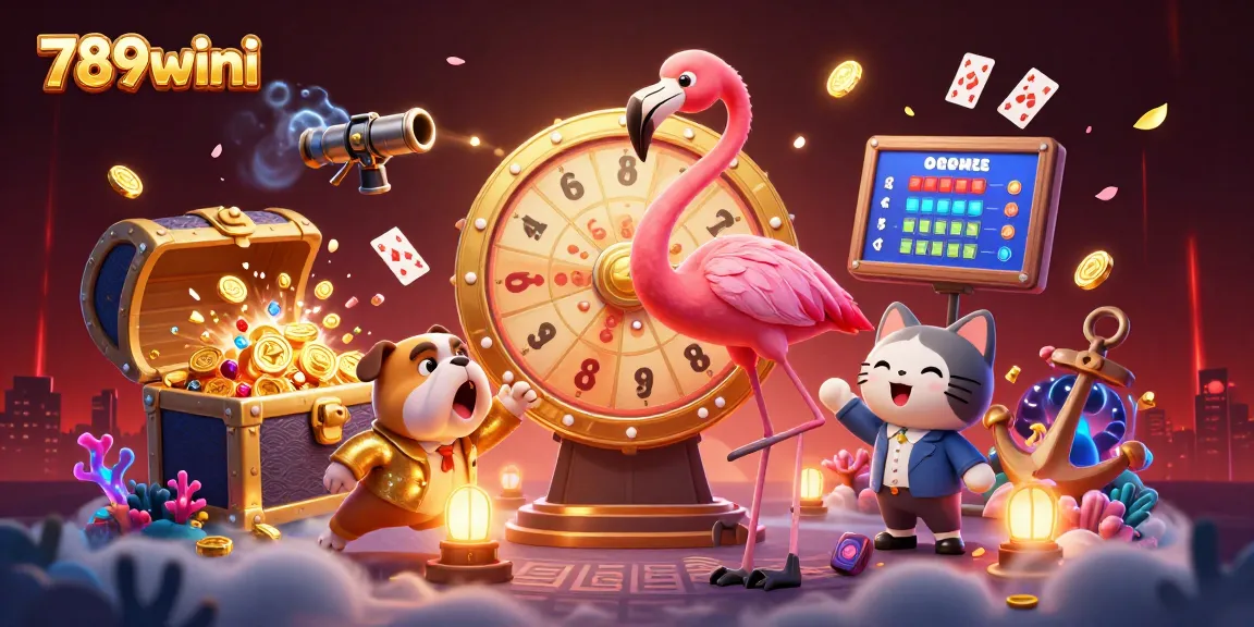 Exciting 789wini promotional scene illustrating a game show host and contestants celebrating casino wins.