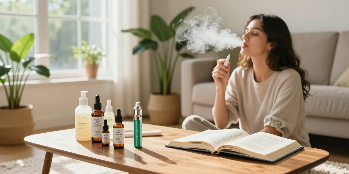 Disposable THC vape UK in a natural wellness setting with CBD products and greenery.