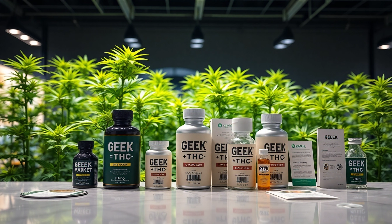 Explore GEEK THC product displays with vibrant cannabis plants in a lively setting.