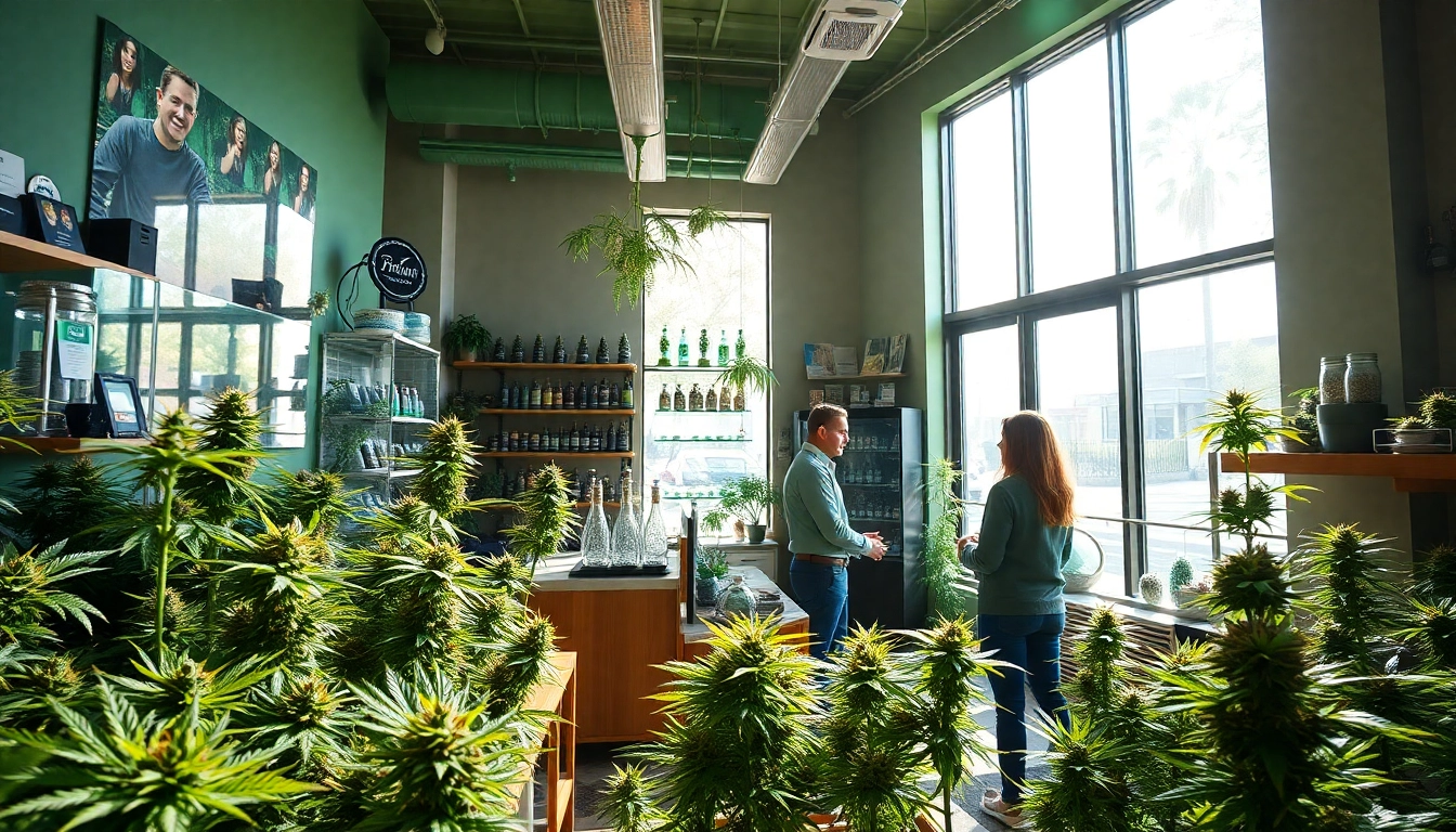 Buy weed UK in a vibrant cannabis shop showing diverse strains and friendly staff.