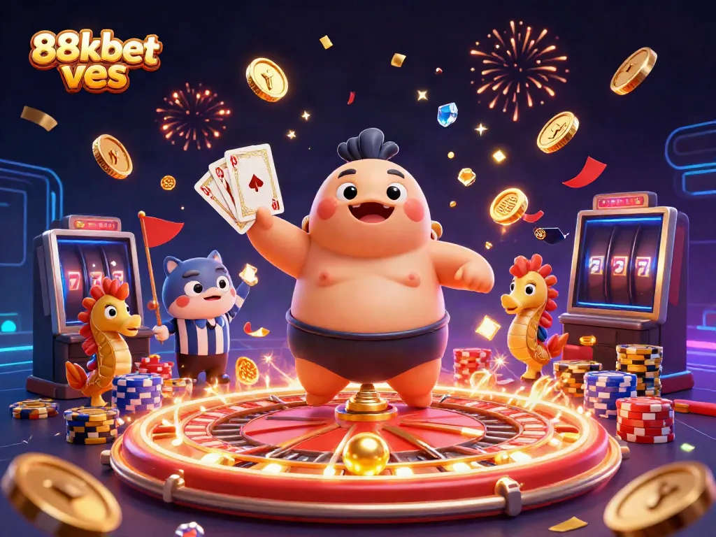 Engage with 88kbet ves through an exciting underwater casino scene featuring a festive fugu, catfish referee, and vibrant game elements.