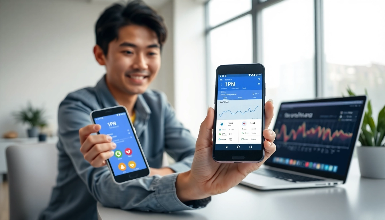 快连下载 interface on a smartphone alongside a laptop showcasing network performance improvements.