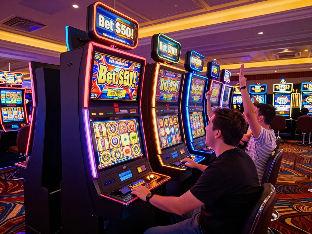 A player engaging in a slot bet 50 at a colorful Las Vegas casino, pressing the spin button with excitement.