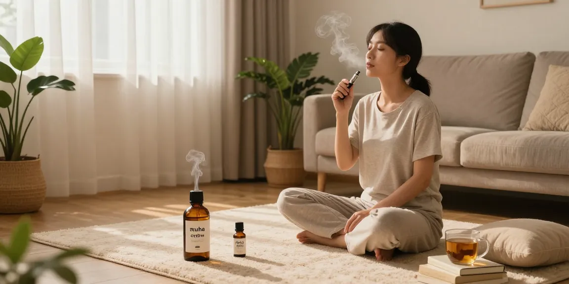 Muha med CBD oil and vape device featured in a relaxing wellness setting promoting natural health.