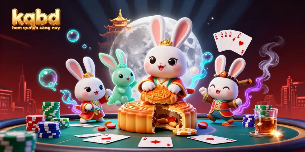 KQBD hom qua va sang nay showcases a dynamic 3D scene of moon rabbits amid a vibrant poker atmosphere, revealing gaming excitement.