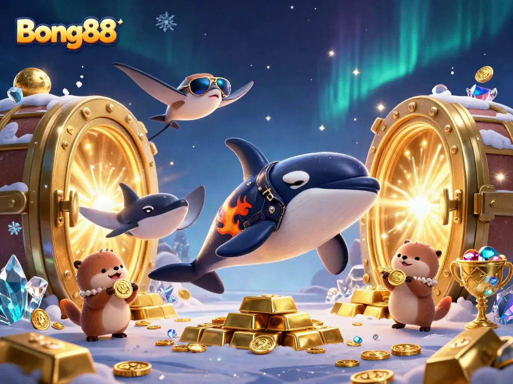 Bong88 showcases thrilling casino entertainment with a cartoon whale, stingray, and otters surrounded by treasure.