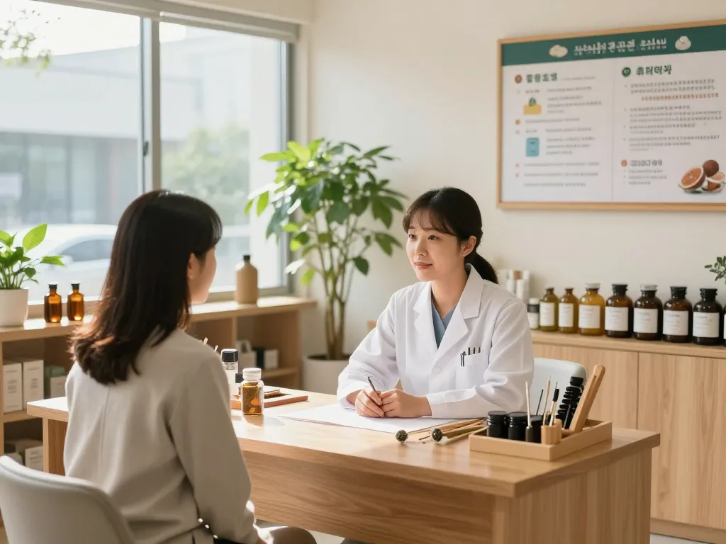 Patient consultation at 수원한의원, surrounded by herbal remedies and a calming environment.