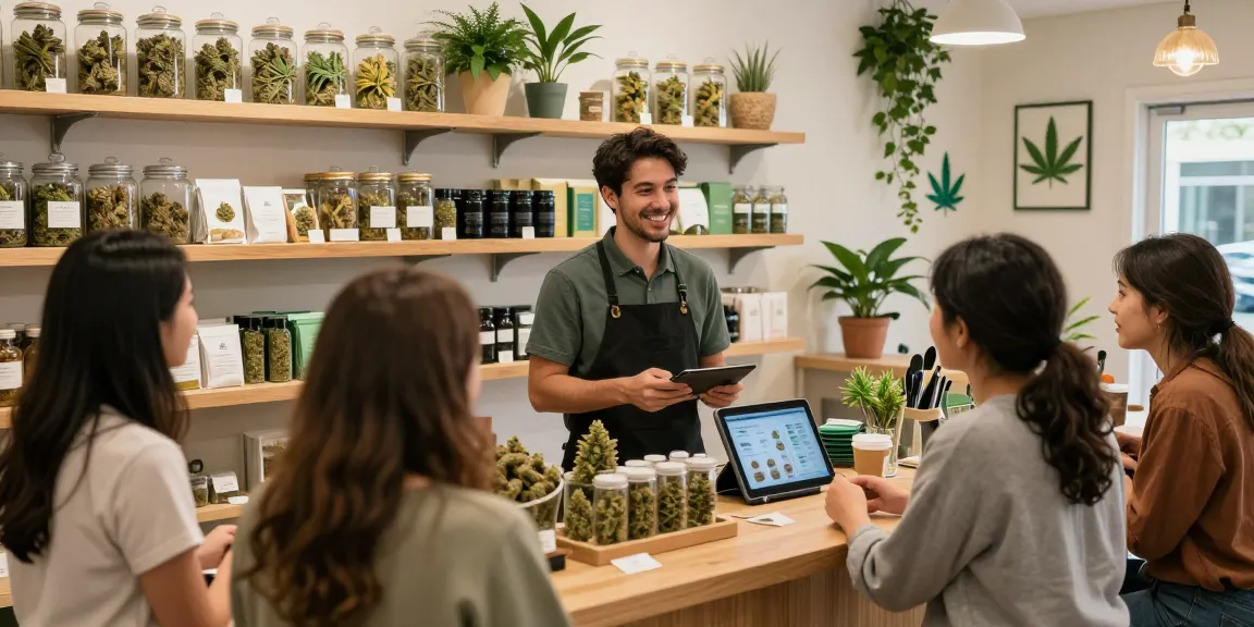 Buy weed UK at Canna City with friendly budtender and vibrant product displays.