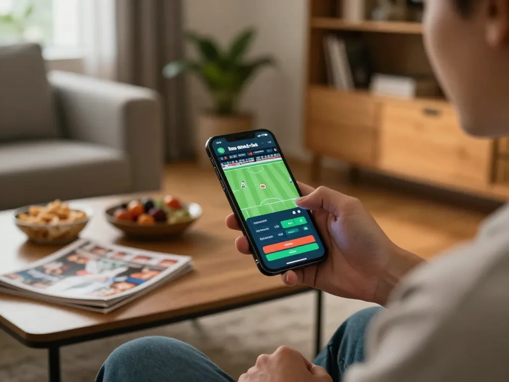 Person engaging in online sports betting using keo nha cai on smartphone in cozy home setting.
