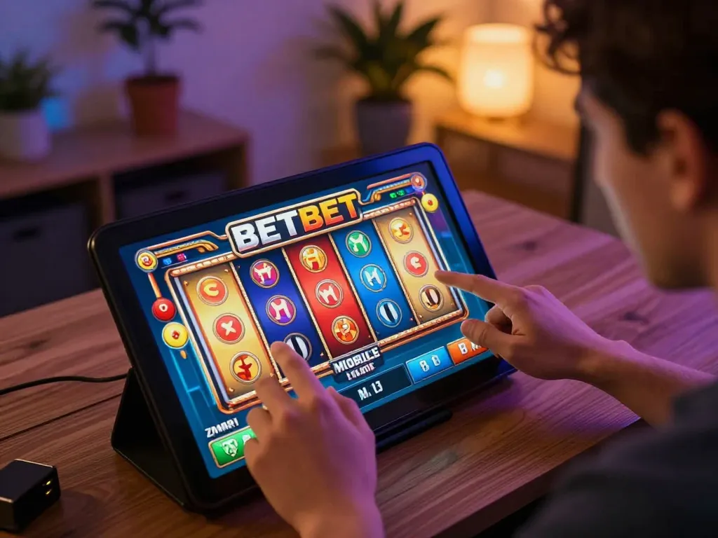 Player enjoying BETBET mobile slots in a cozy gaming room with vibrant ambient lighting.
