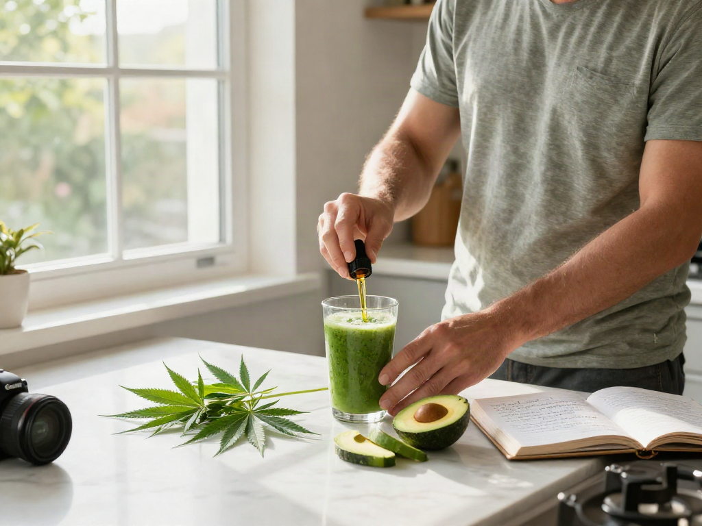 Muha meds disposable featured in a bright kitchen wellness scene with CBD oil and fresh hemp.