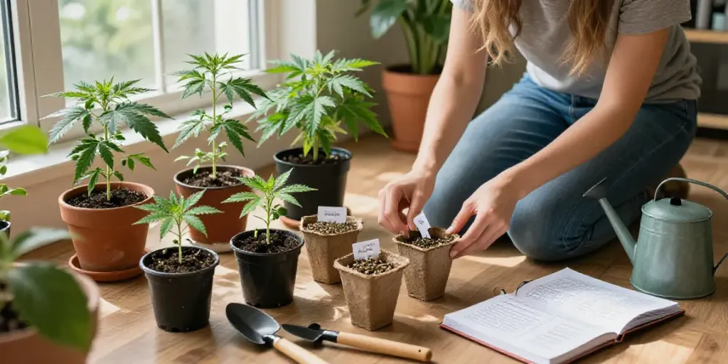 Cannabissamen kaufen: Ein Pflanzenliebhaber beschriftet sorgsam Samensorten in einem gemütlichen Innenraum.