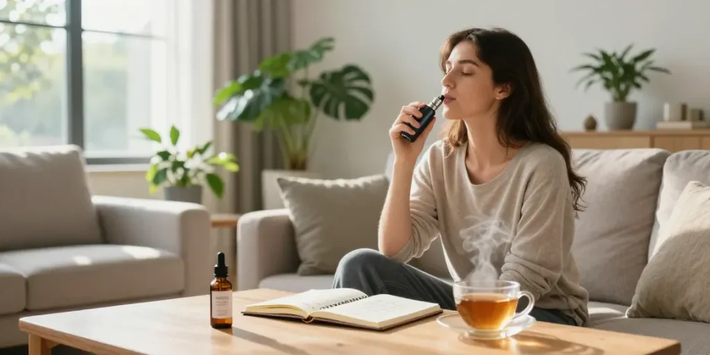 Top 10 shatter strains in Canada featuring a woman enjoying CBD oil and vaping in a serene living room.