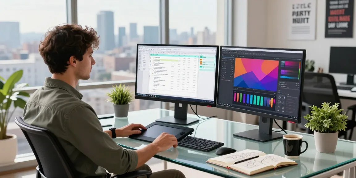 Professional workspace illustrating the WPS Official Website with laptops, graphics, and a vibrant city view, showcasing creative productivity.