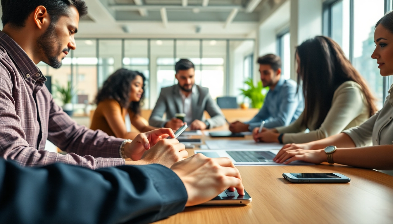 bluetenbande zeigt engagierte Teammitglieder in einem modernen Büro, die an einem Projekt arbeiten.