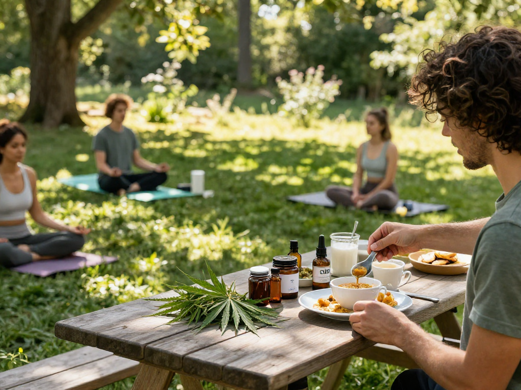 Top shelf flower delivery featured in a serene outdoor wellness scene with CBD oils and healthy food, promoting natural wellness.
