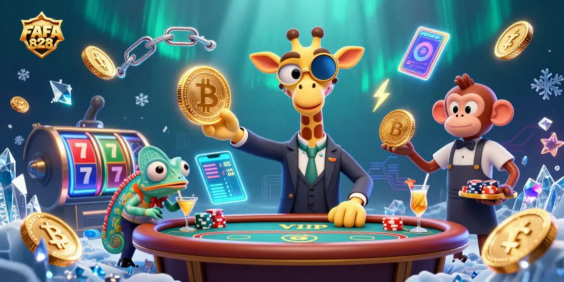 Join the vibrant FAFA 828 casino scene with high-roller giraffe, valet monkey, and bartender chameleon.