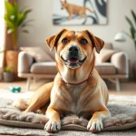 Calm dog enjoying CBD For Pet therapy in a cozy living room