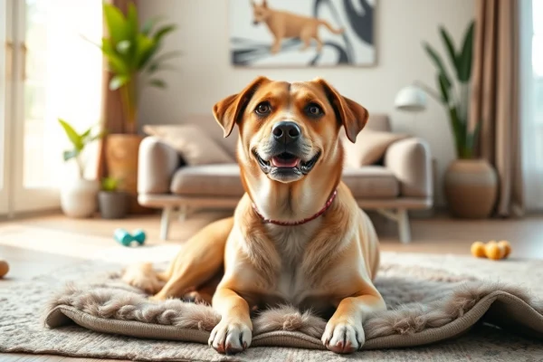Calm dog enjoying CBD For Pet therapy in a cozy living room