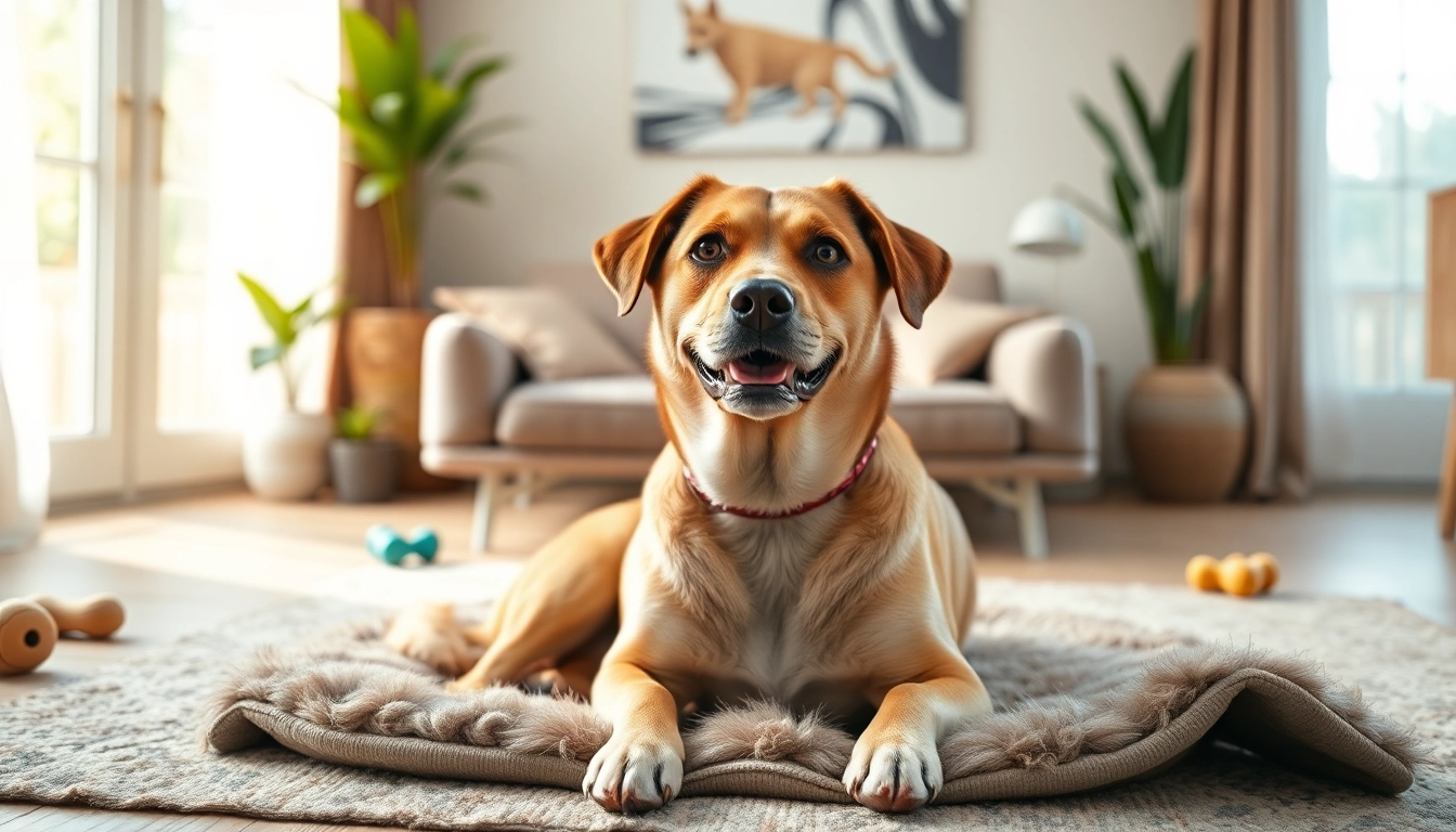 Calm dog enjoying CBD For Pet therapy in a cozy living room