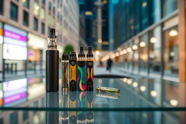 Cannabis Vape cartridges and pens arranged elegantly, showcasing quality and variety.
