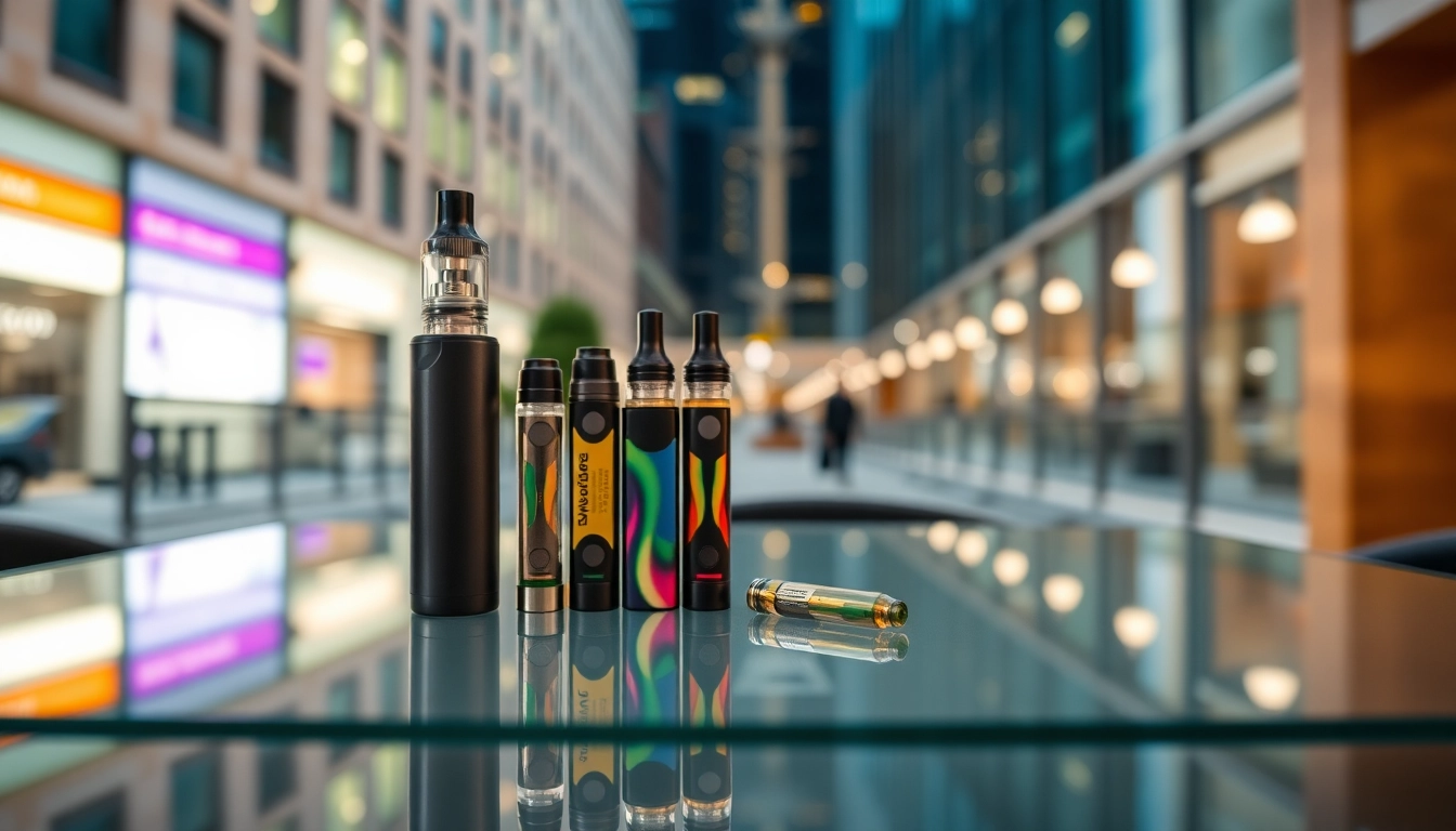 Cannabis Vape cartridges and pens arranged elegantly, showcasing quality and variety.