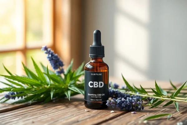 Showcase CBD Oil bottle with hemp leaves, highlighting natural wellness.